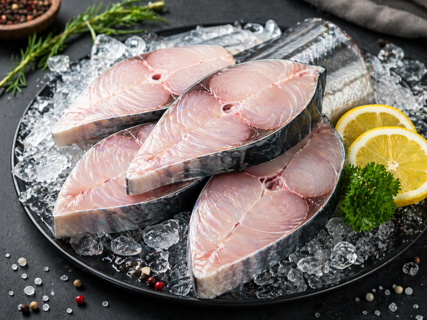 Fresh Vanjaram fish steaks cleaned and ready to cook